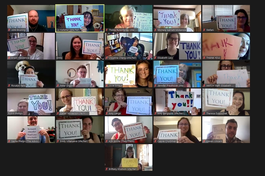 [ai] A virtual group of people on a video call, each holding signs that say "Thank You!" in various colorful styles. The participants include diverse individuals, all expressing gratitude.